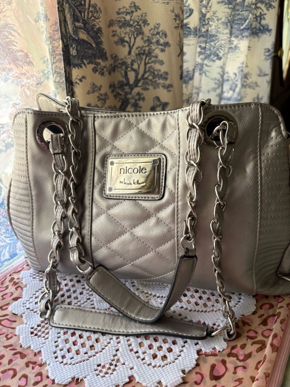 Nicole by Nicole Miller Quilted Metallic Silver Chain-Handle Shoulder Bag